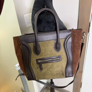 Inzi Tri-Color Suede Leather Tote Bag Purse Shoulder Neutral Brown Olive Shopper